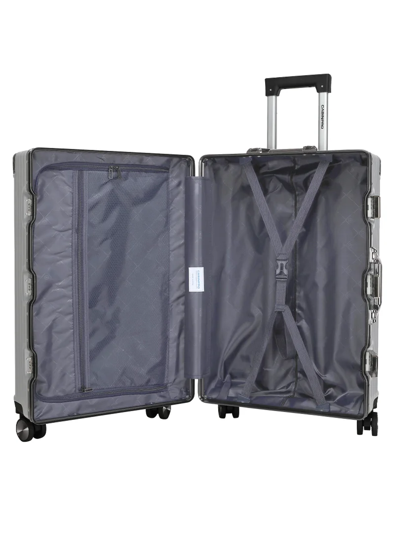 CABINPRO Lightweight Aluminum Frame Fashion Luggage Trolley Polycarbonate Hard Case Medium Checked Luggage Suitcase with 4 Quite 360 Degree Double Spinner Wheels CP001 Silver
