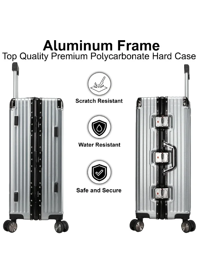 CABINPRO Lightweight Aluminum Frame Fashion Luggage Trolley Polycarbonate Hard Case Medium Checked Luggage Suitcase with 4 Quite 360 Degree Double Spinner Wheels CP001 Silver