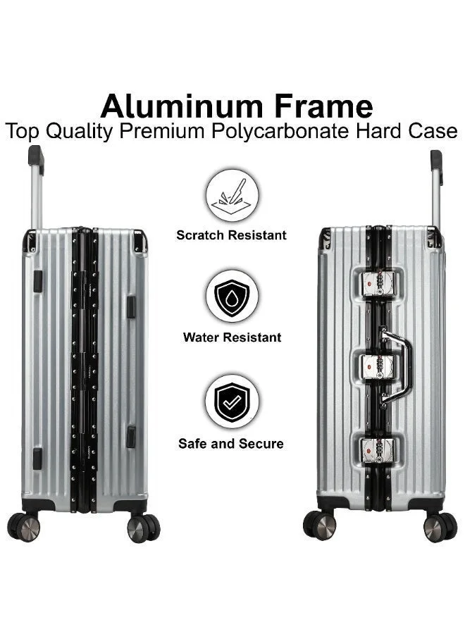Cabinpro Silver Lightweight Aluminum Frame Fashion Luggage Trolley Polycarbonate Hard Case Medium Checked Luggage Suitcase with 4 Quite 360 Degree Double Spinner Wheels CP001 Silver  | Best Price UAE
