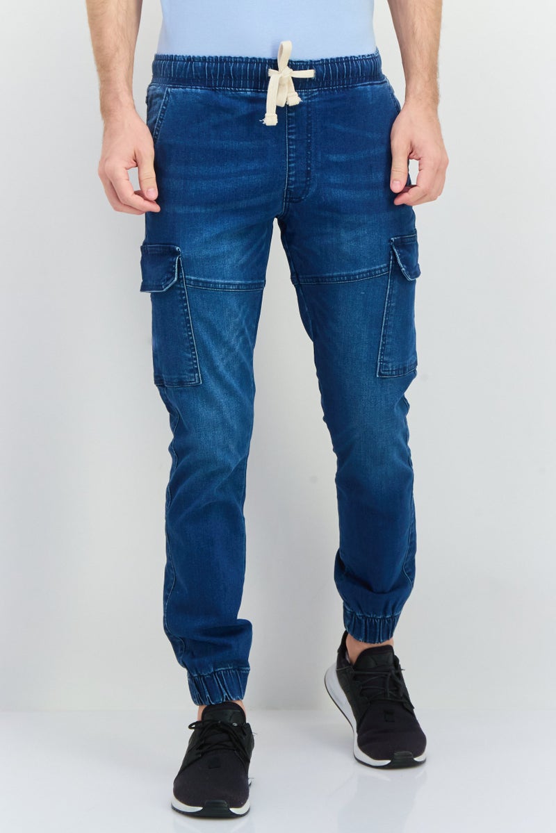CROSSHATCH Men Tapered  Fit Washed Stretchable Cargo Denim Jeans, Blue - Image 1