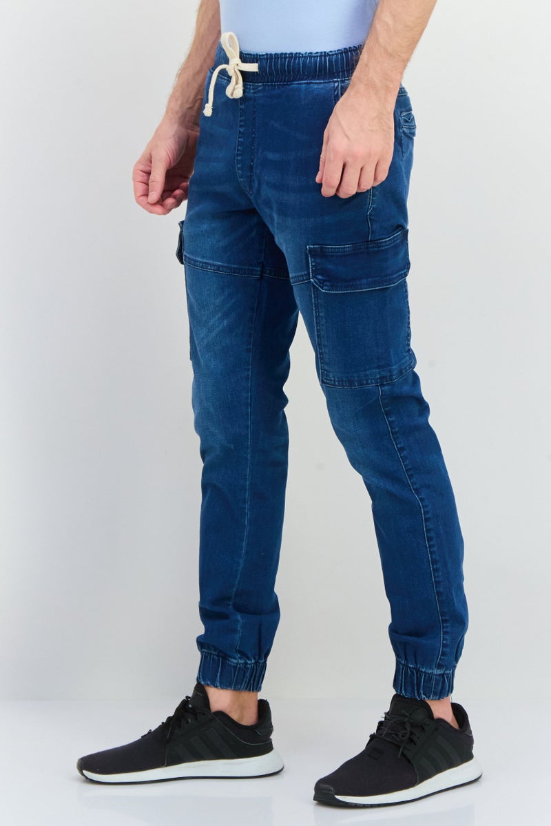 CROSSHATCH Men Tapered  Fit Washed Stretchable Cargo Denim Jeans, Blue - Image 3