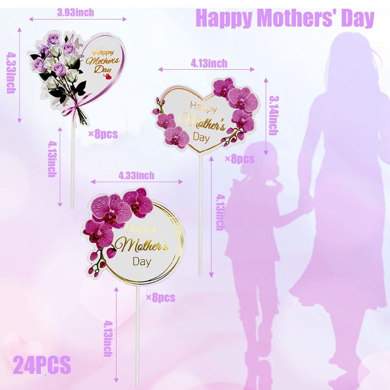 Timisea 24pcs Happy Mother's Day Cupcake Toppers, Heart Round Butterfly Orchid Rose Flower Cupcake Picks, Cake Decoration for Birthday Mother's Day Party Favors Supplies Favors - Image 5