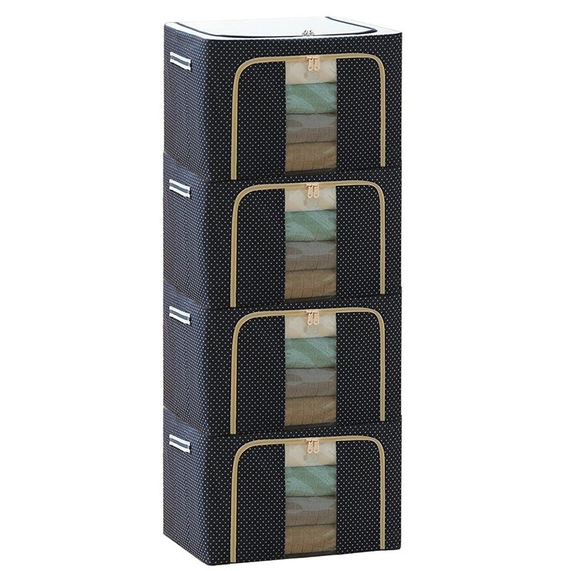 GLADDIT GLADDIT 66 LTR Oxford Fabric with Metal Frame Wardrobe Organizer Storage Boxes with Zip and Transparent Window for Clothes Sarees Blazers Coat Blankets and Dresses in Blue Polka Dots PACK OF 4  - Image 1