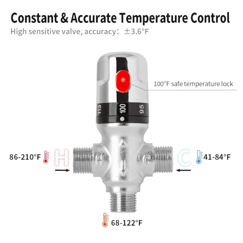 WiseWater Thermostatic Mixing Valve with 1/2 NPT thread, Chrome Plated Brass 3-way Constant Temperature Control Valve Fahrenheit Scale Mark Bathroom Faucet and Shower Water Mixing Valve - Image 2