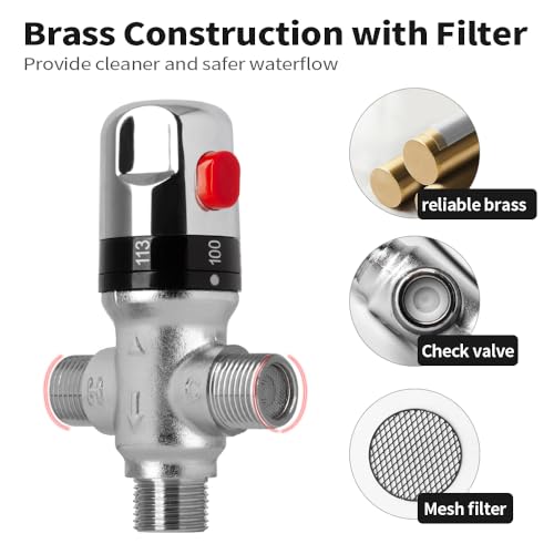 WiseWater Thermostatic Mixing Valve with 1/2 NPT thread, Chrome Plated Brass 3-way Constant Temperature Control Valve Fahrenheit Scale Mark Bathroom Faucet and Shower Water Mixing Valve - Image 4
