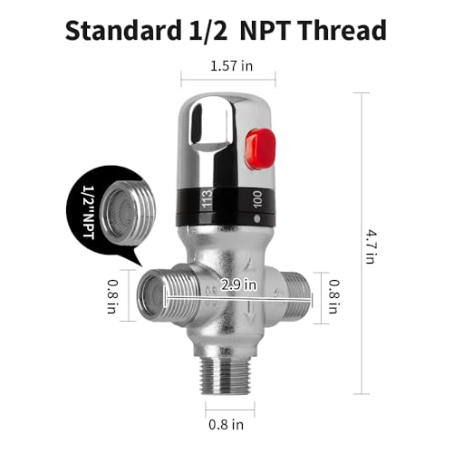 WiseWater Thermostatic Mixing Valve with 1/2 NPT thread, Chrome Plated Brass 3-way Constant Temperature Control Valve Fahrenheit Scale Mark Bathroom Faucet and Shower Water Mixing Valve - Image 3