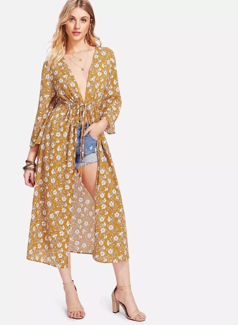 Drawstring Detail Calico Print Kimono - Image 1