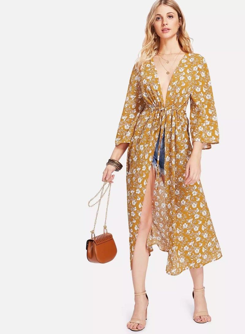 Drawstring Detail Calico Print Kimono - Image 3