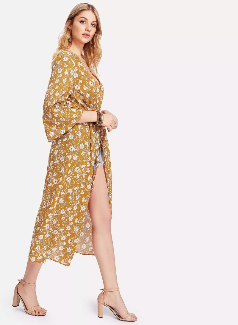 Drawstring Detail Calico Print Kimono - Image 5