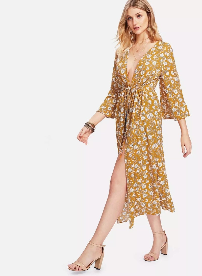 Drawstring Detail Calico Print Kimono - Image 4