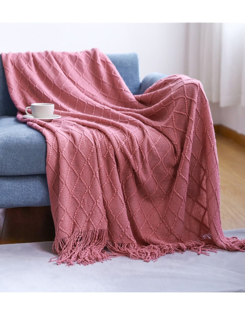 Loquat Tassel Design Knitted Soft Throw Blanket Keep Warm Ginger Rose Pink 