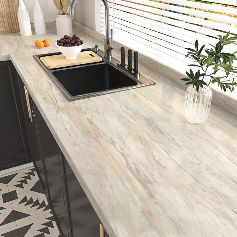 Wallercity Beige Oak Wood Grain Contact Paper for Countertops Peel and Stick Wood Wallpaper for Kitchen Bathroom Self Adhesive Waterproof Vinyl Contact Paper for Cabinets Counters Tables 15.8x236 in - Image 1