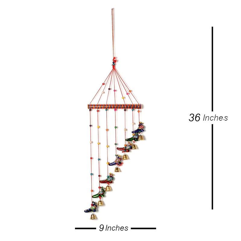 Ethnic Darzi Decorative Wall Hanging Wind Chimes with Colourful Beads and Bells Handcrafted Bird Design Traditional Home Decor Peacock - Image 3