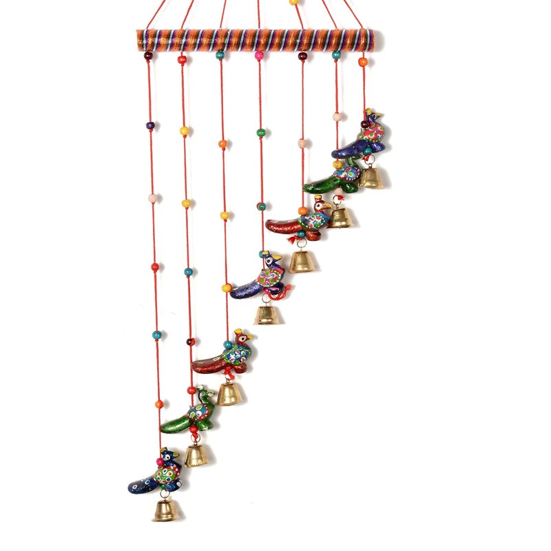 Ethnic Darzi Decorative Wall Hanging Wind Chimes with Colourful Beads and Bells Handcrafted Bird Design Traditional Home Decor Peacock - Image 2