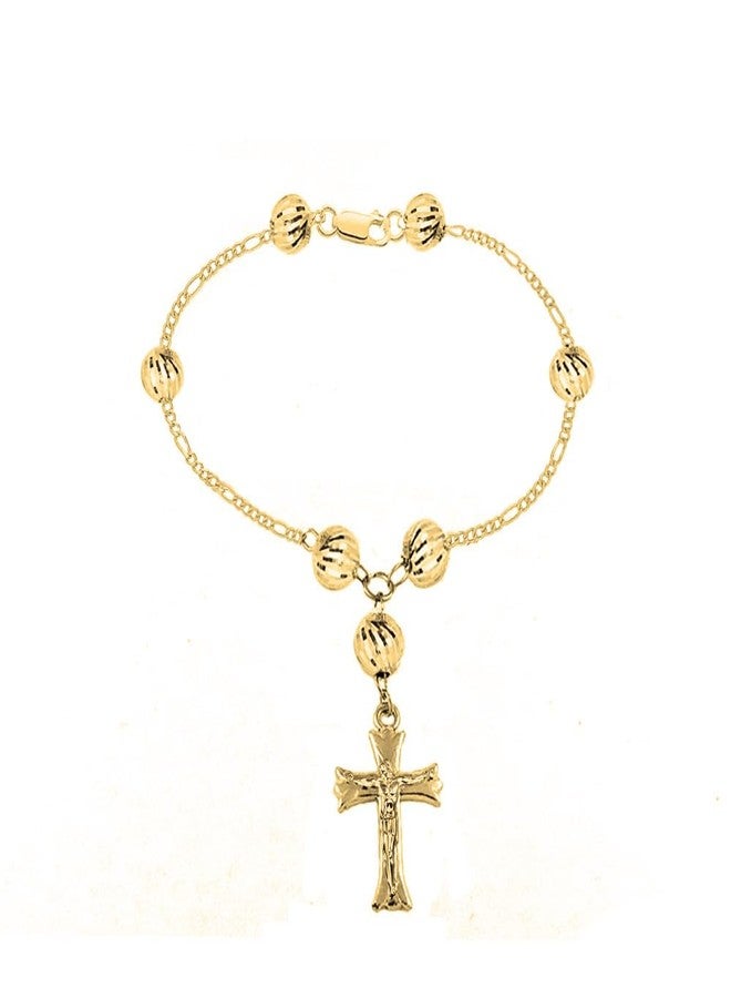 Savlano 14K Gold Plated 8MM Beaded Rosary Crucifix Cross Charm Bracelet for Women Religious Jewelry Comes in Gold-Rose-Silver with a Gift Box - Image 1
