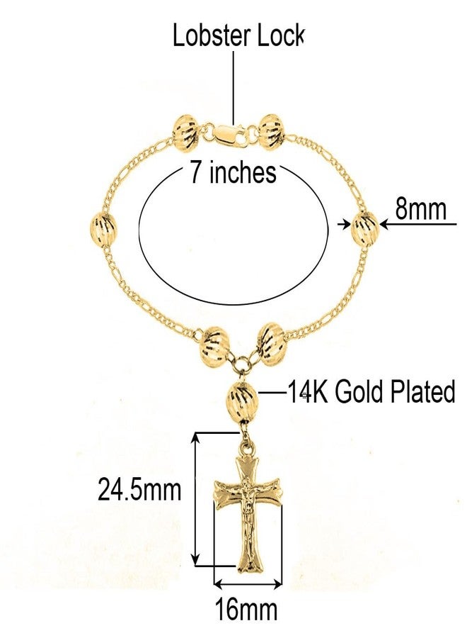 Savlano 14K Gold Plated 8MM Beaded Rosary Crucifix Cross Charm Bracelet for Women Religious Jewelry Comes in Gold-Rose-Silver with a Gift Box - Image 2