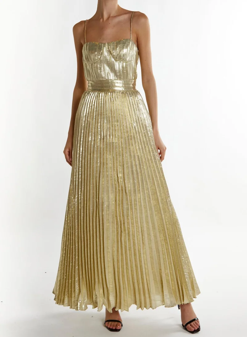 True Decadence Kate Light-Gold Crinkle Pleated Strappy Maxi Dress