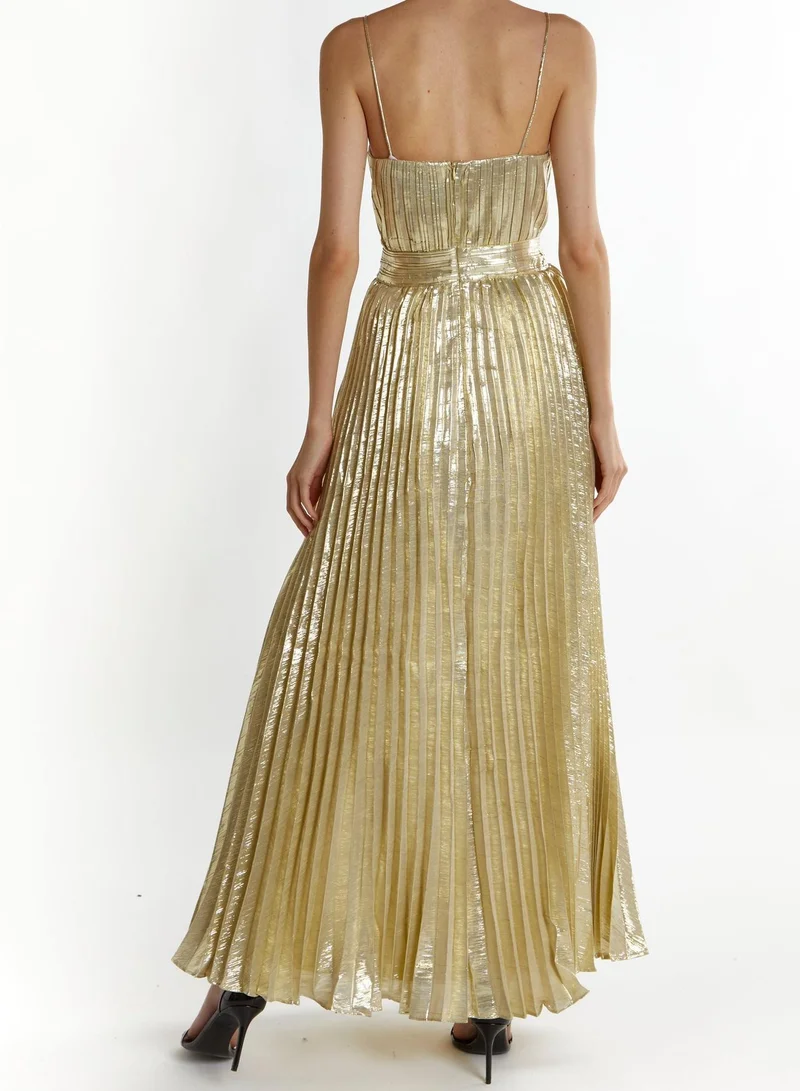 True Decadence Kate Light-Gold Crinkle Pleated Strappy Maxi Dress