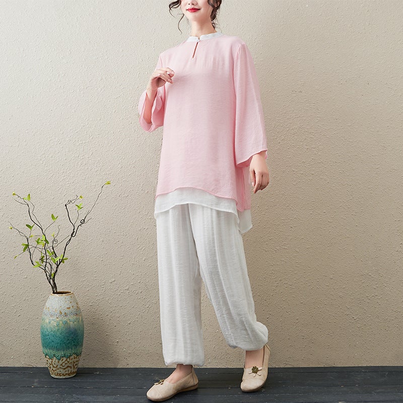 2024 New Literary Retro Loose Cotton And Linen Zen Tea Suit National Style Tai Chi Suit Yoga Wear Two-Piece Set