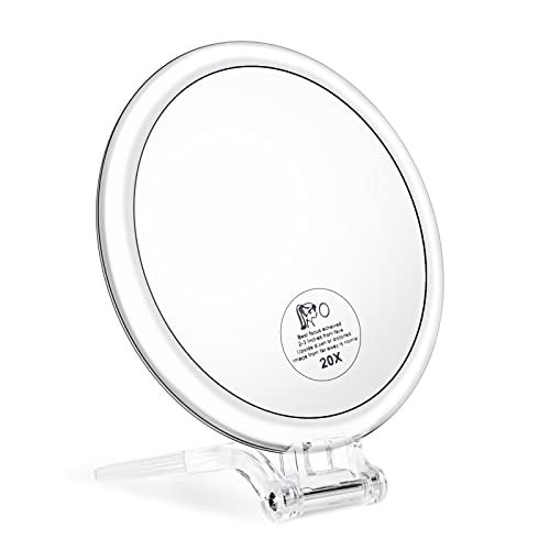 JMH Magnifying Handheld Mirror Double Sided, 1X 20X Magnification Hand Mirror, Travel Folding Held Adjustable Rotation Pedestal, Portable Small Makeup Mirror, 6 Inch - Image 1