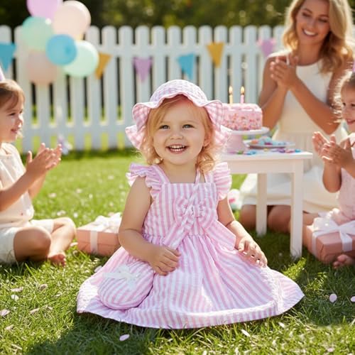 Renotemy Little Kids Girl Dresses 18 Months Toddler Girls Ruffle Flutter Sleeve Big Bowknot Boho Pink Striped Sundress Gifts for Girls 18-24 Months Spring Summer Dress Clothes Outfits with Hat and Bag - Image 3