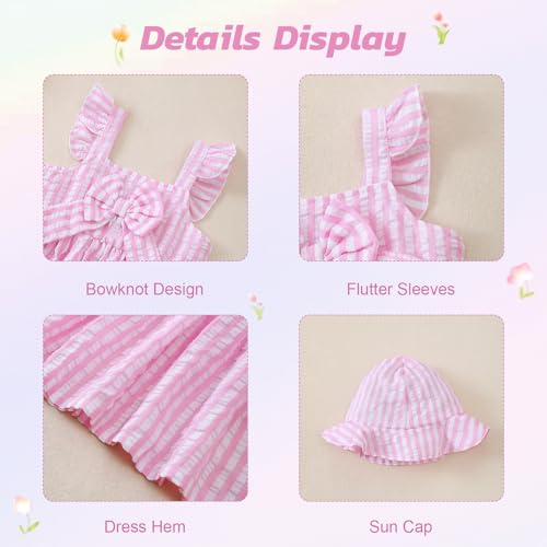 Renotemy Little Kids Girl Dresses 18 Months Toddler Girls Ruffle Flutter Sleeve Big Bowknot Boho Pink Striped Sundress Gifts for Girls 18-24 Months Spring Summer Dress Clothes Outfits with Hat and Bag - Image 5