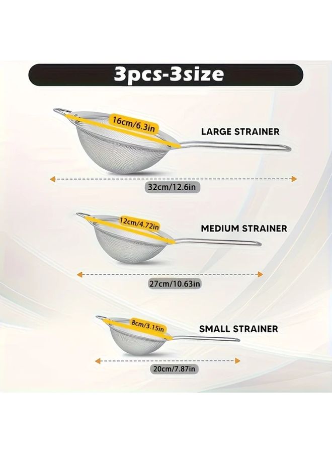 Stainless Steel Fine Mesh Colander Set With Soup Spoon 3 Sizes 3.15 4.72 6.3 Inch - Image 2