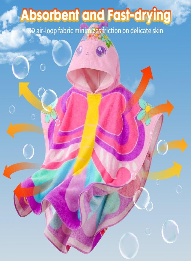 PinkSheep Beach Towel for Kids,100% Cotton Poncho Beach Towel with Hooded, Super Absorbent Girl Bath Towel with Buckle for Swimming, Bath Time, Age 3-6 Years (Butterfly Blue) - Image 3