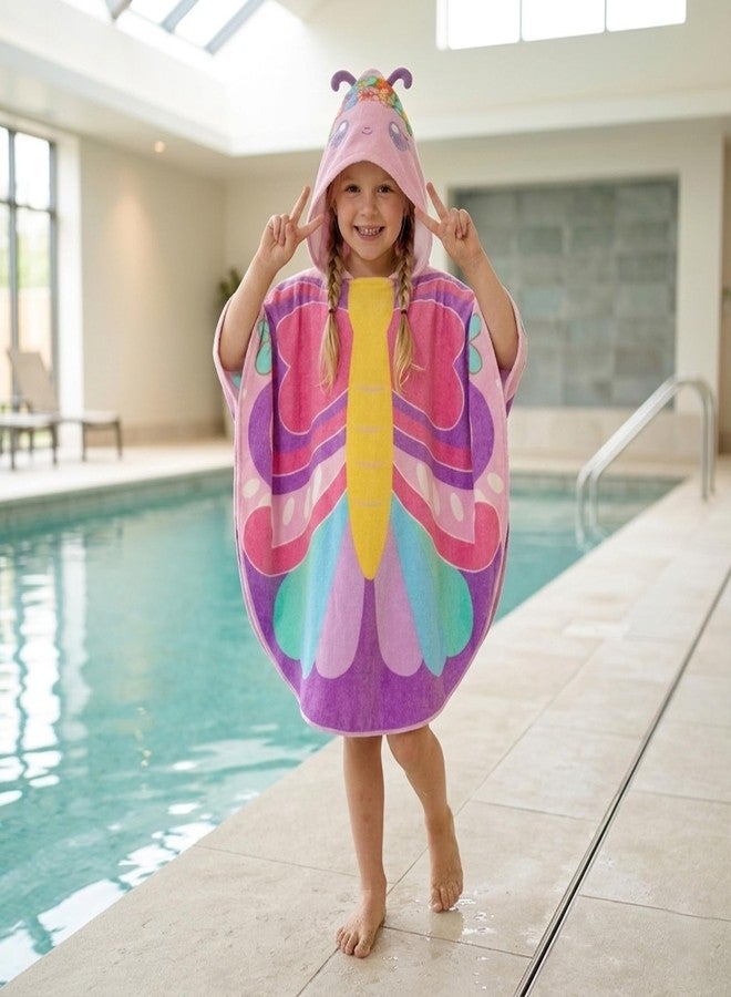 PinkSheep Beach Towel for Kids,100% Cotton Poncho Beach Towel with Hooded, Super Absorbent Girl Bath Towel with Buckle for Swimming, Bath Time, Age 3-6 Years (Butterfly Blue) - Image 2