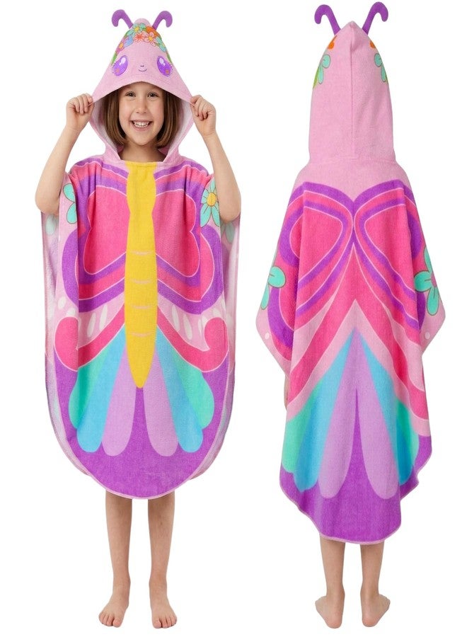 PinkSheep Beach Towel for Kids,100% Cotton Poncho Beach Towel with Hooded, Super Absorbent Girl Bath Towel with Buckle for Swimming, Bath Time, Age 3-6 Years (Butterfly Blue) - Image 1