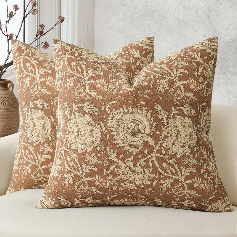 DKwizme Vintage Floral Print Throw Pillow Covers 24x24 Set of 2 Neutral Modern Farmhouse Pillowcases Accent Decorative Cushion Covers Boho Home Decor for Couch Sofa Chair Bed Living Room Cognac - Image 2