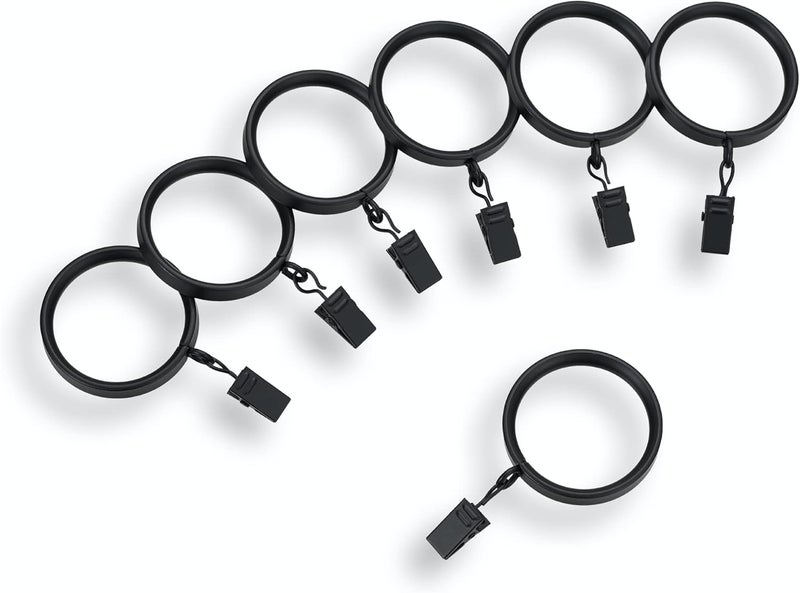 MODE Premium Collection Flat Steel Curtain Clip Rings, Set of 14 Curtain Rings with Clips, Rings with Clips for Curtains, Fits Premium and Acrylic Curtain Rods, 1 5/8”, Matte Black - Image 1