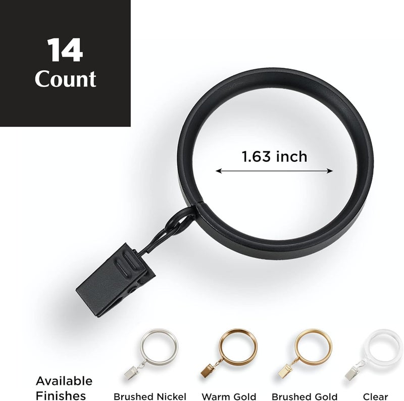 MODE Premium Collection Flat Steel Curtain Clip Rings, Set of 14 Curtain Rings with Clips, Rings with Clips for Curtains, Fits Premium and Acrylic Curtain Rods, 1 5/8”, Matte Black - Image 2