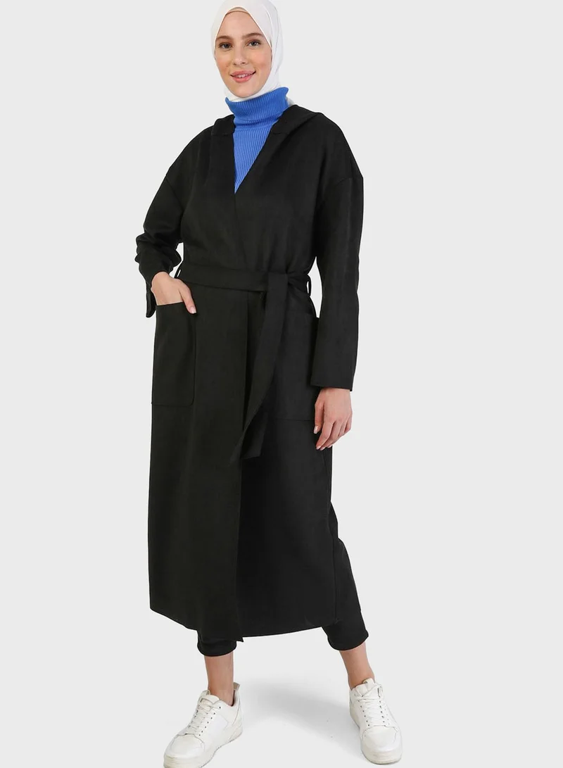 Refka by modanisa Belted Pocket Detail Longline Coat