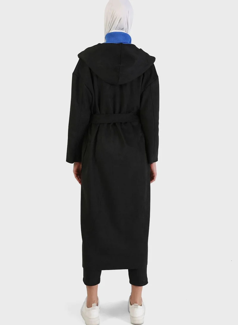 Refka by modanisa Belted Pocket Detail Longline Coat