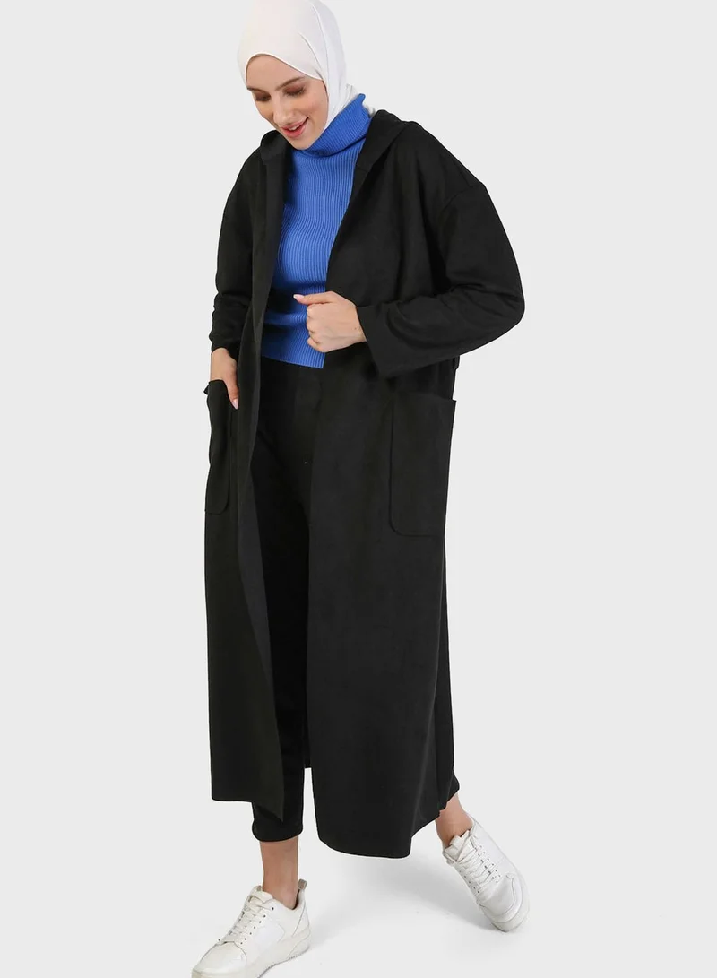 Refka by modanisa Belted Pocket Detail Longline Coat
