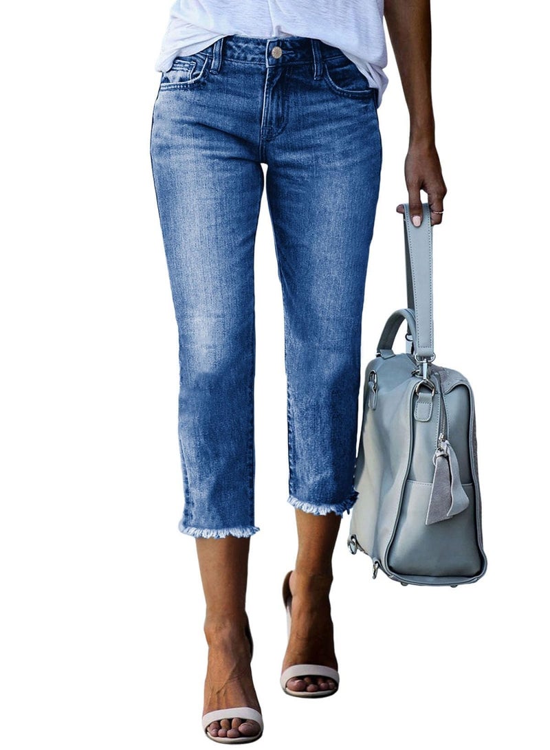 Sidefeel Capri Jeans for Women Trendy 2024 High Waisted Stretchy Straight Leg Denim Pants Sky Blue Size 10 - Image 1