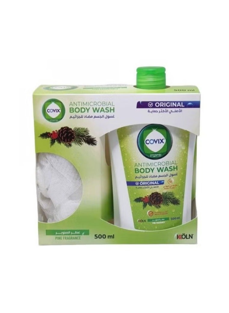 Covix Antibacterial body wash with pine scent and loofah 500ml