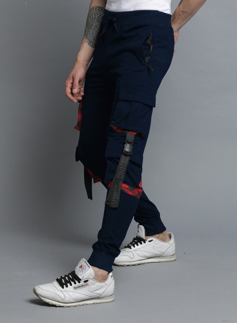Maniac Men's Cargo Navy and Red Cotton Slim Fit Jogger - Image 1