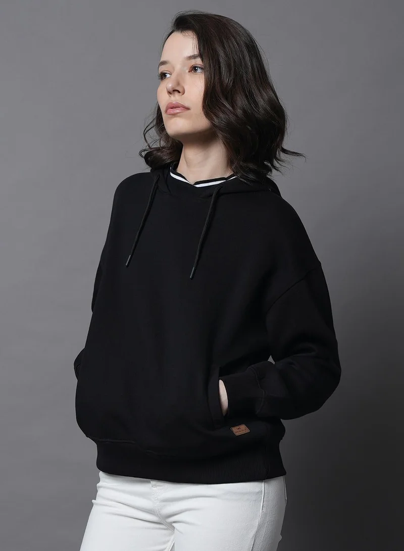 HIGH STAR  Women's Black Cotton Blend Solid Pattern Regular Fit Sweatshirt for Women | Best Price UAE