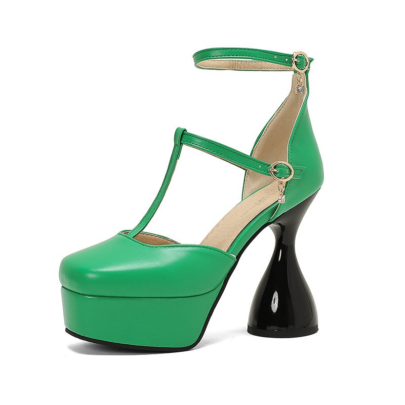 New Fashion Wine Cup With High Heeled Thick Bottom 40-50 Plus Size Buckle Square Head Hollow Sandals For Women - Image 1