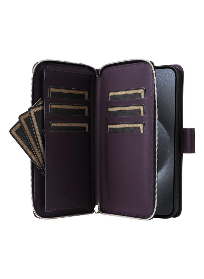 اس-توب جراب لهاتف iPhone 15 Pro Max مزود بتسع فتحات للبطاقات وحقيبة محفظة بسحاب من الجلد - Image 5