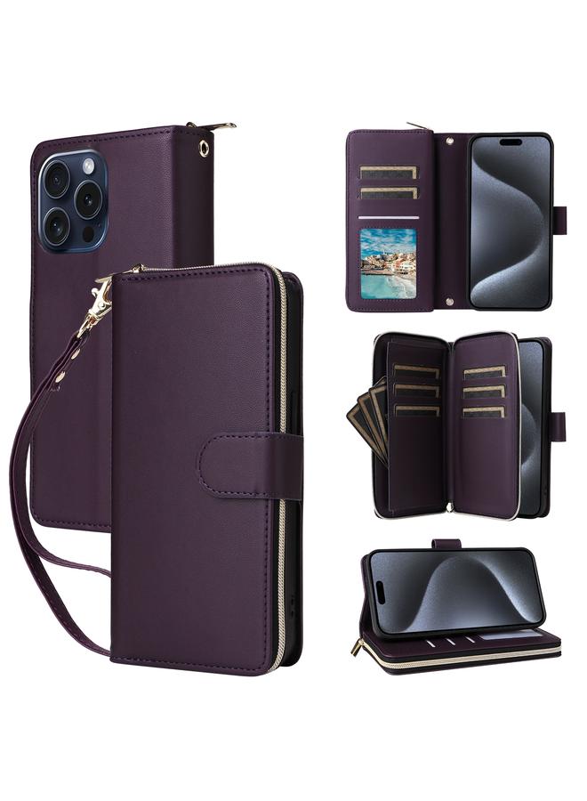 اس-توب جراب لهاتف iPhone 15 Pro Max مزود بتسع فتحات للبطاقات وحقيبة محفظة بسحاب من الجلد - Image 1