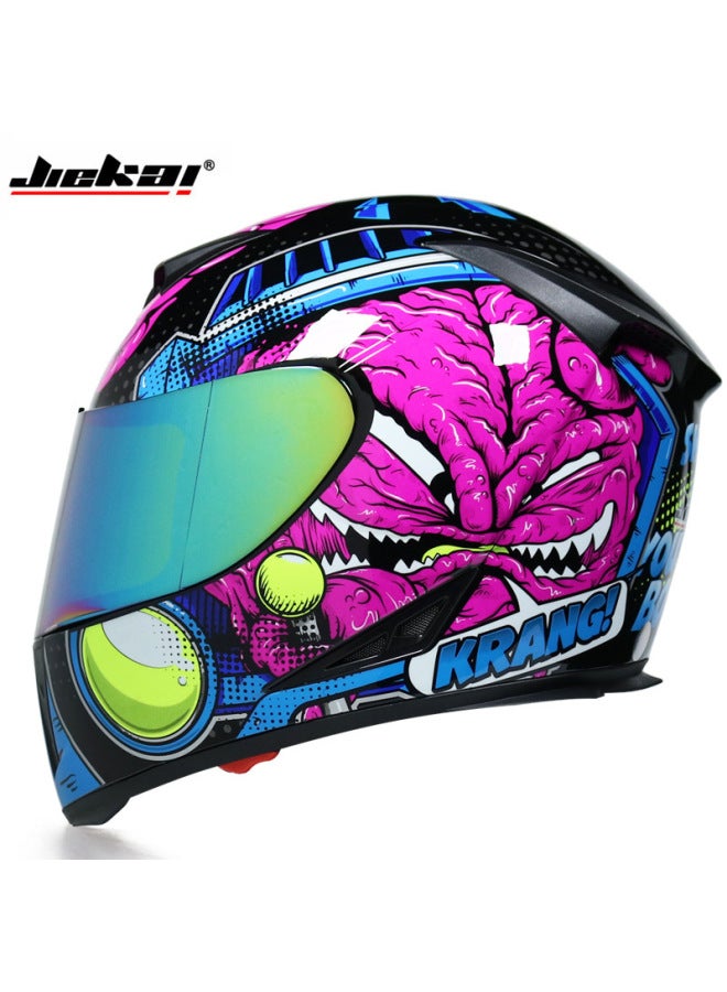 Blue Villain With Color Mirror Jiekai Electric Car Bicycle Helmet Men's And Women's Full Helmet Full Cover Personality Four Seasons Double Lens Warm Anti-fog Cap