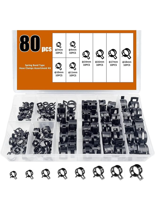 80pcs Spring Band Type Fuel/Silicone Vacuum Hose Pipe Clamp, 7mm-18mm Low Pressure Air Clip Clamp 7mm 9mm 10mm 11mm 14mm 16mm 17mm 18mm (Material : BLACK) - Image 1