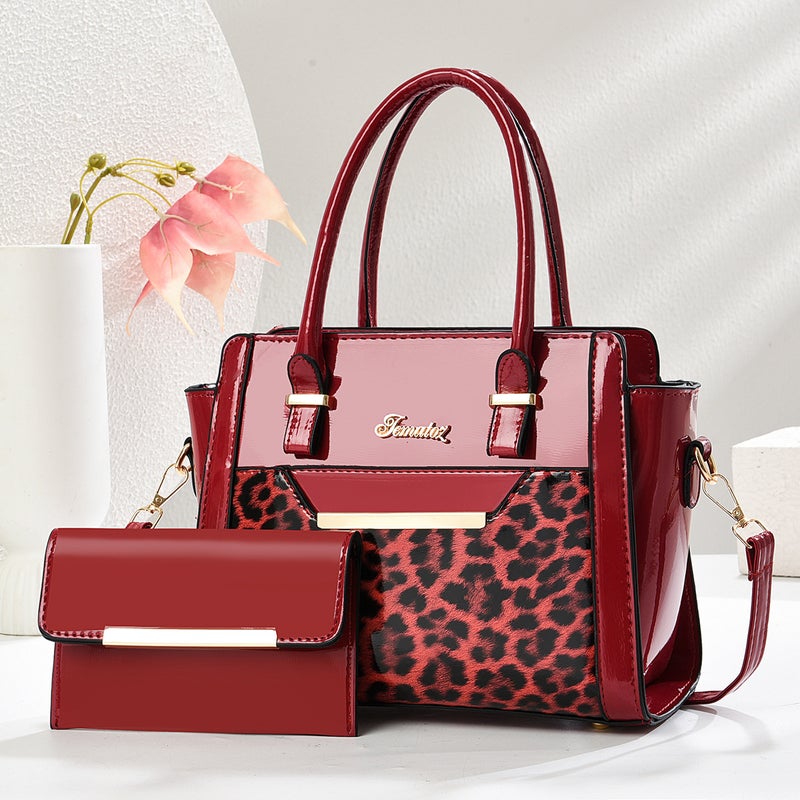 Cross-Border New Leopard Print Two-Piece Womens Bag Handbag Bright Leather Patent Leather Multi-Piece Set Foreign Trade Wholesale Shoulder Crossbody Bag Date red