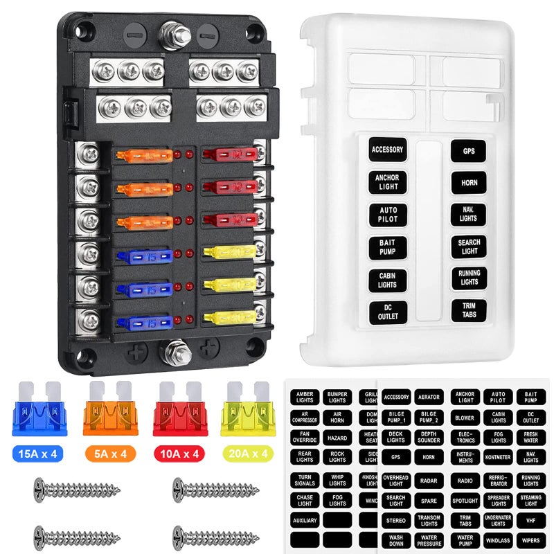 Generic Topcloud 12 Way 12V Blade Fuse Block, Fuse Box Holder with LED Light Indicator & Protection Cover for Car Boat Marine Trike Car Truck Vehicle SUV Yacht RV  - Image 1