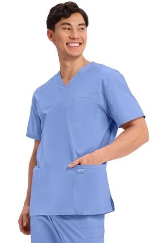 Cherokee Men's V-Neck Top Traditional fit with 4 Pockets, Ultra Soft, Durable, Fade Resistant, 2-Way Stretch Fabric - WW695T, XS, Ciel Blue - Image 2