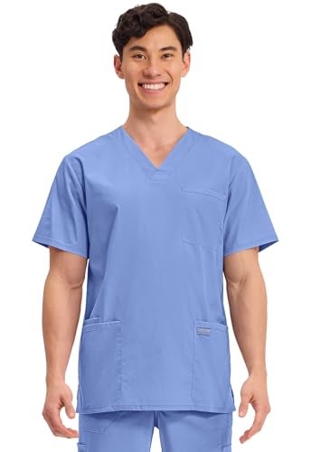 Cherokee Men's V-Neck Top Traditional fit with 4 Pockets, Ultra Soft, Durable, Fade Resistant, 2-Way Stretch Fabric - WW695T, XS, Ciel Blue - Image 1