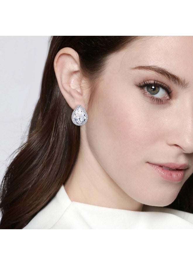 EVER FAITH Women'S Austrian Crystal Wedding Teardrop Stud Earrings Clear Silver-Tone  - Image 2